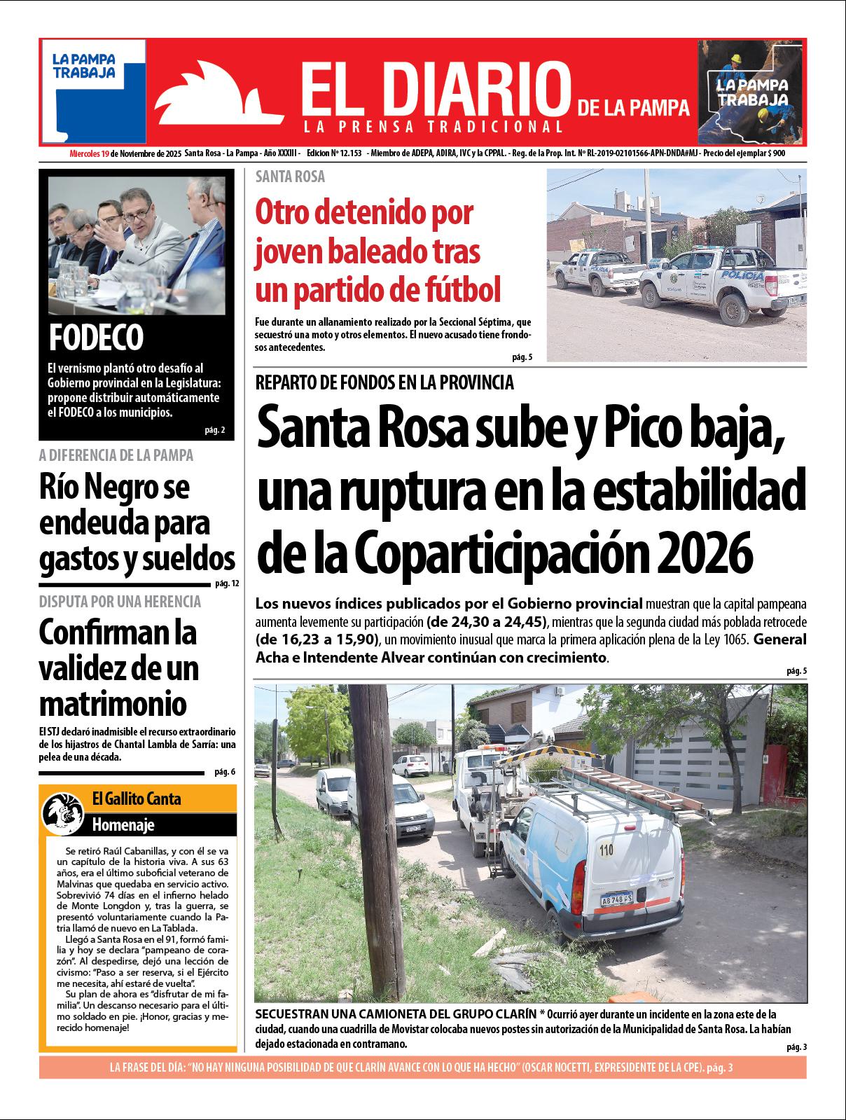 Tapa de El Diario en papel  mieacutercoles 19 de noviembre de 2025